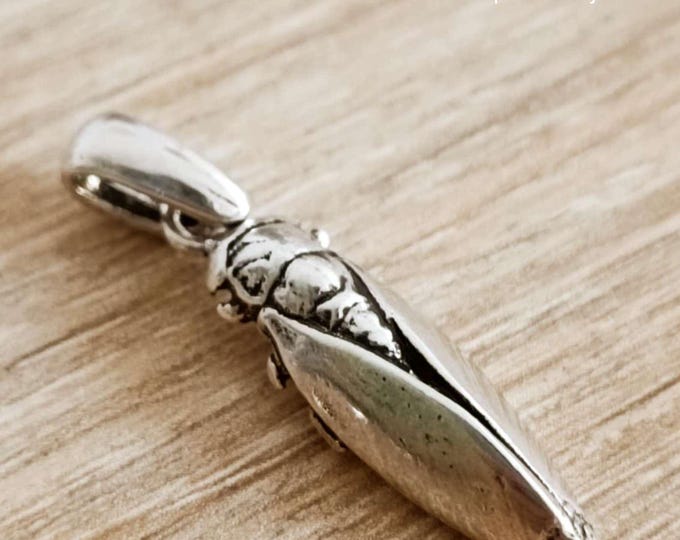 "Cicada" pendant alone or with chain - 925 silver finish - 8x28mm