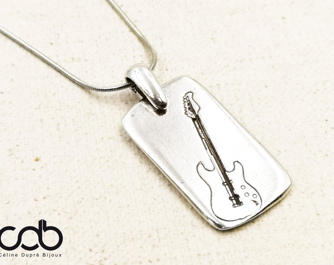 "Guitare" necklace silver finish 925 - 16x29mm plate - stainless steel chain