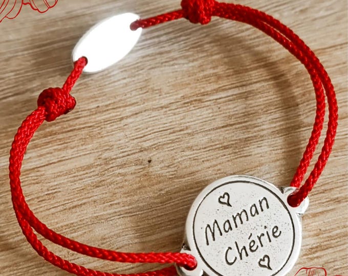 Adjustable bracelet "Maman chérie" 925 silver finish - ø18mm - braided cord of your choice