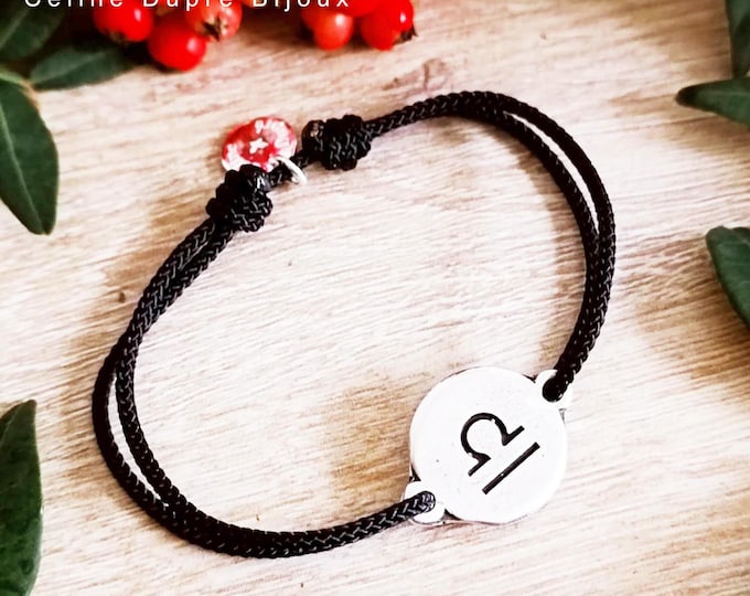 Libra Zodiac Sign Bracelet - 925 silver finish medal - ø16mm - Adjustable cord of your choice