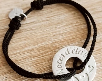 Bracelet for your tin wedding - Ring with text "Noces d'ferblanc" + 3 Hearts - adjustable cord ø1.50mm