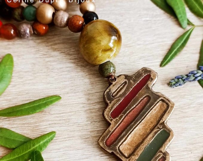 Necklace / long necklace with rectangle pendant 39x55mm (shades of blue) - brass finish