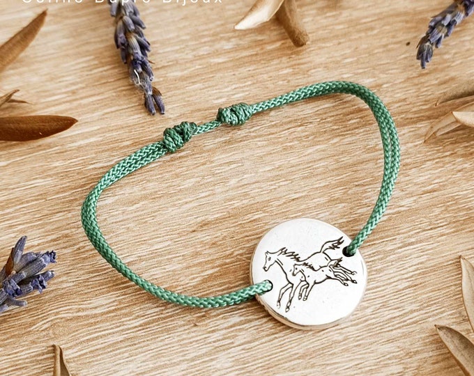 Horse bracelet "Mare with foal" 925 silver finish - Round ø20mm - Cord color choice