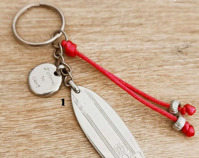 SURF key ring - in raw tinplate - with colored cord and tinplate beads - Customizable