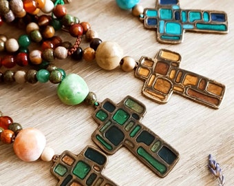 "Cross" long necklace with pearls - Color of your choice