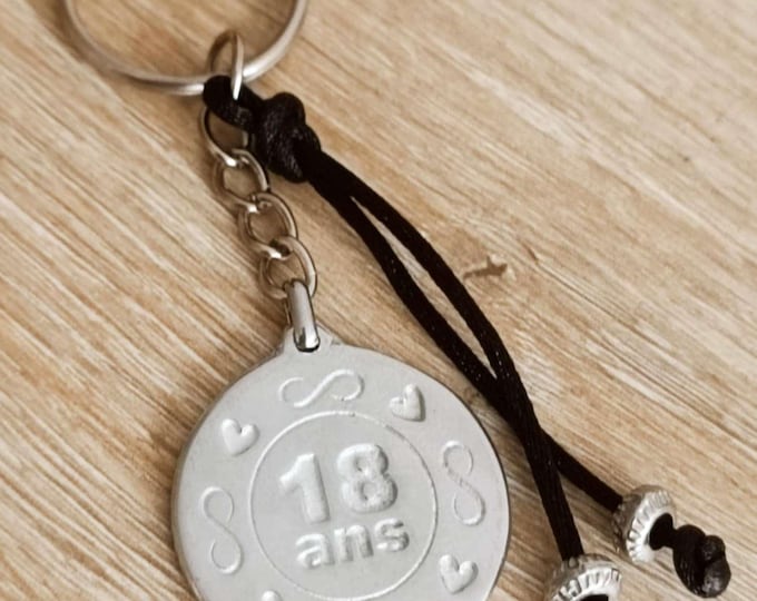 Birthday key ring - 18 years old with heart and infinity - raw tinplate - ø30mm - with beads and cord - Made in France
