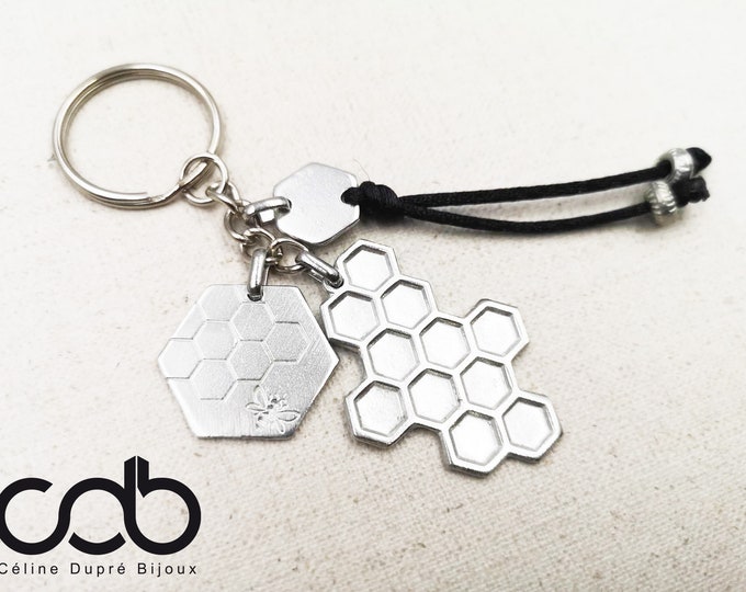 "Bees / hive" key ring with 3 medals + cord and pearls