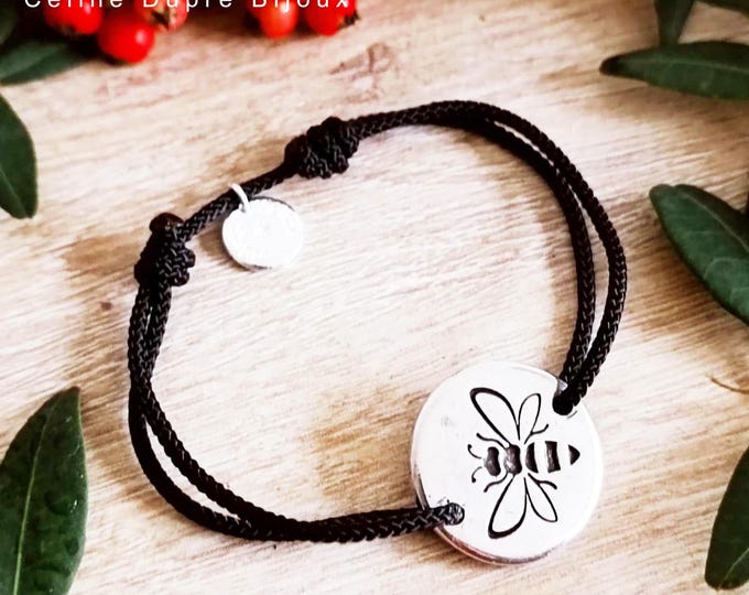 "Bee" bracelet - ø20mm in tinplate with 925 silver finish + cord