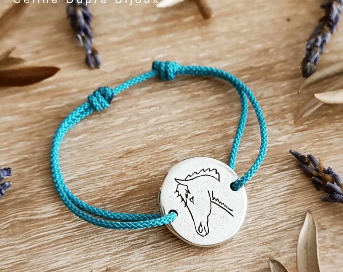 Horse bracelet - 925 silver finish - Round ø20mm - Cord color choice