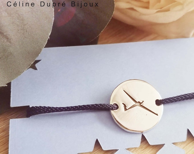 Adjustable bracelet "Planeur" round ø20mm white iron 925 silver finish - braided cord of your choice