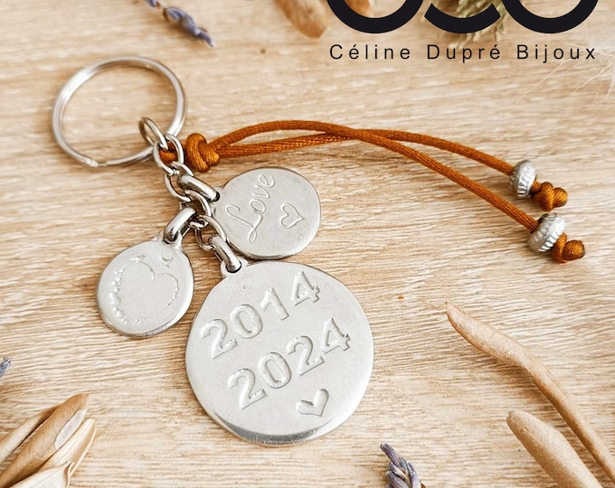 Key ring for your tinplate wedding - 10 years of marriage "2014/2024" - 3 medals + cord with tinplate beads