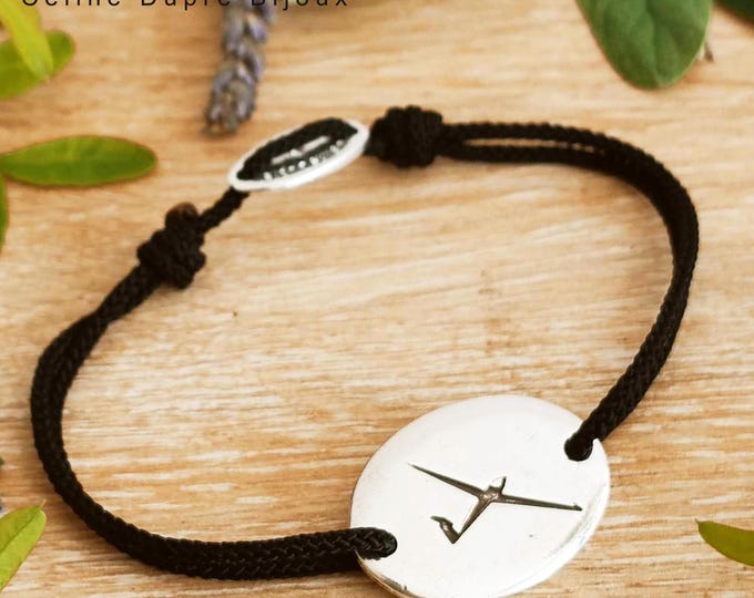 Glider Bracelet - 18x25mm oval medal, tinplate, 925 silver finish - adjustable braided cord of your choice