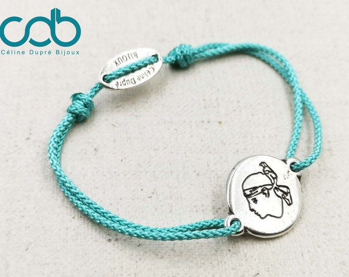 Adjustable bracelet "Head of Moor / Corsica" - silver finish 925 - braided cord color of your choice