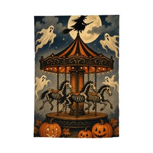 May include: A rectangular wall hanging featuring a carousel with skeleton horses under a full moon. A witch on a broomstick flies above, surrounded by white ghosts. The base is decorated with orange jack-o'-lanterns and autumn leaves.