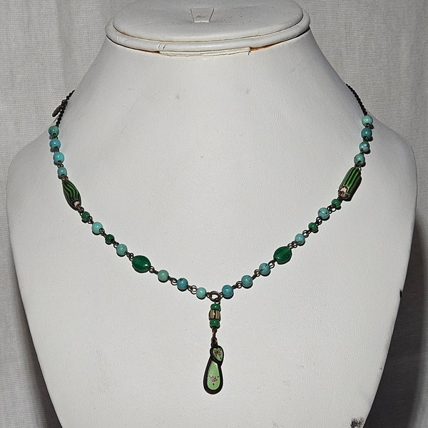 Vintage Lee Angel Green Beaded Pendant Necklace