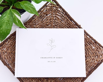 Libro de firmas - Boda/Compromiso/Bautizo/Bautizo personalizado, tapa dura. Diseño minimalista con dibujo de hojas.
