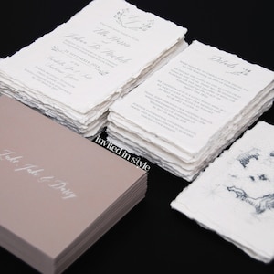 Faire-part de mariage en papier fait main, papier de coton, chiffon de coton, papier de bordure taché - avec logo/monogramme/couronne - ÉCHANTILLON