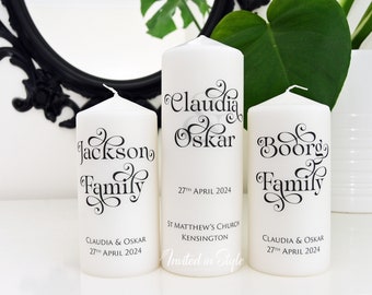 Unity/Church/Wedding Candles - set of 3 pillar candles. Family candle plus a candle for the couple. Personalised.