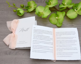 Tarjeta de votos impresa en papel de algodón hecho a mano, libro de votos personalizado, regalo de boda o aniversario, personalizado.