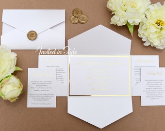 All-in-one Pocket Envelope Wedding Invitation with shiny foil - white/gold, blush pink/rose gold - other colours available - SAMPLE
