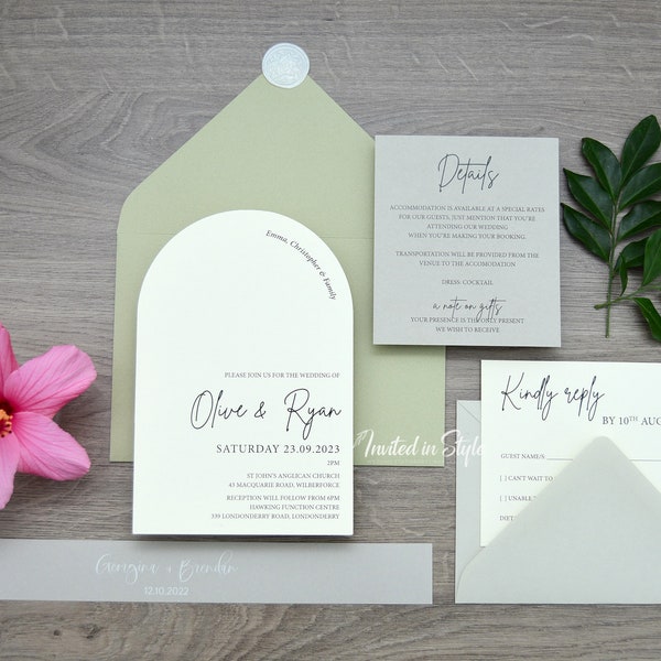 Arch wedding invitation. Neutral, soft green, light grey & ivory. Arched die cut - SAMPLE