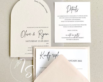 Arch wedding invitation. Neutral, soft pink, light grey, almond & ivory. Arched die cut - SAMPLE