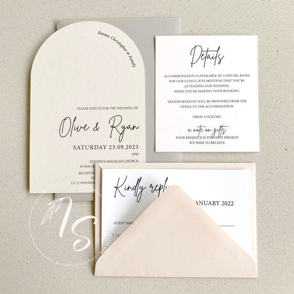 Arch wedding invitation. Neutral, soft pink, light grey, almond & ivory. Arched die cut - SAMPLE