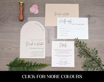 Arch wedding invitation. Neutral, soft pink, light grey, almond & ivory. SAMPLE