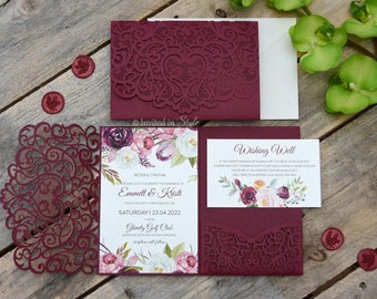 Pocket Laser Cut Wedding Invitation, burgundy/maroon/bordeaux floral design. SAMPLE
