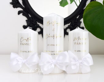 Unity/Church/Wedding Candles - set of 3 pillar candles - All white with foil writing and satin ribbon. Personalised candles