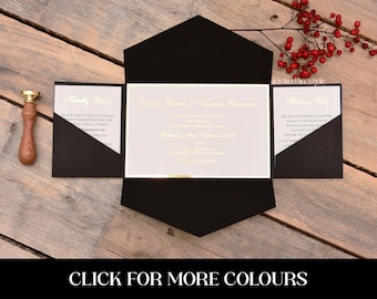 All-in-one Pocket Envelope Wedding Invitation with shiny foil - gold/rose gold/silver. Choice of pocket colour. SAMPLE
