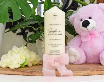 Personalised Baptism/Christening Candle with hand torn chiffon ribbon. Design is applied directly to the candle.