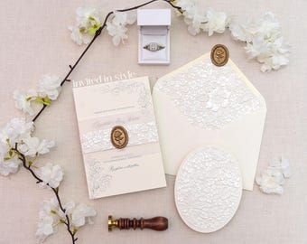Sculpted embossed designer paper wedding invitation with oval enclosure card - Sample