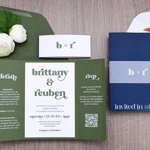 Gate-fold, all-in-one wedding invitation. Many colours available, optional white ink printing on darker cards. Choose your colour/s - SAMPLE