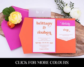 Pocket wedding invitation - Hot pink | orange | Fuschia colourful invitation set. White ink - SAMPLE