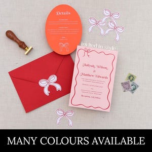Wedding invitation. Bows, bold colours, red/pink/orange. Modern shapes, oval. White ink - wedding, engagement, bridal shower. Sample