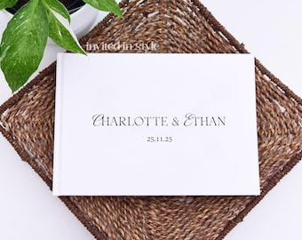 Libro de firmas para boda, compromiso, bautismo o bautizo. Personalizado, tapa dura. Diseño minimalista con tipografía moderna.