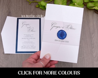Pocket wedding invitation with wax seal. Ivory or white pocketfold with your choice of wax seal design and colour - SAMPLE