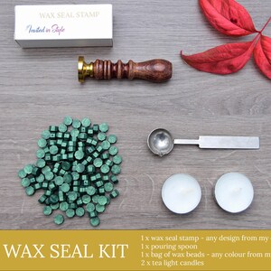 Wax seal kit. Sealing wax, wax stamp, spoon & candles to make wax seals. Wedding, invitations, craft. Choose your design and colours