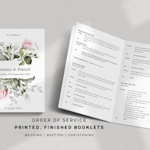 May include: A white booklet with floral and foliage illustrations, featuring the names "Florence & Patrick" and the date "23rd September 2023." The open booklet displays printed text. The text "ORDER OF SERVICE" is visible.