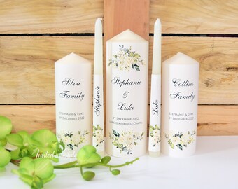 Unity/Church/Wedding Candles - White roses, floral and greenery design. Choose your set.