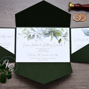 All-in-one Pocket Envelope Wedding Invitation - Forest/dark green pocket with greenery/floral SAMPLE - other colours available