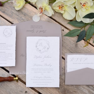 Handmade Paper Wedding Invitation, Cotton Paper, Cotton Rag, Deckled edge paper with wreath - SAMPLE