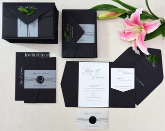 Pocket wedding invitation with wax seal. Monochrome/Black and white - SAMPLE