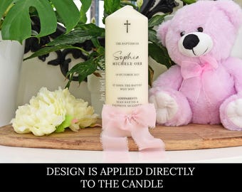Personalised Baptism/Christening Candle with hand torn chiffon ribbon. Design is applied directly to the candle.