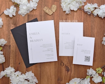 Ejemplo de invitación monocromática sencilla. Blanco y negro. Diversos estilos de diseño para elegir.