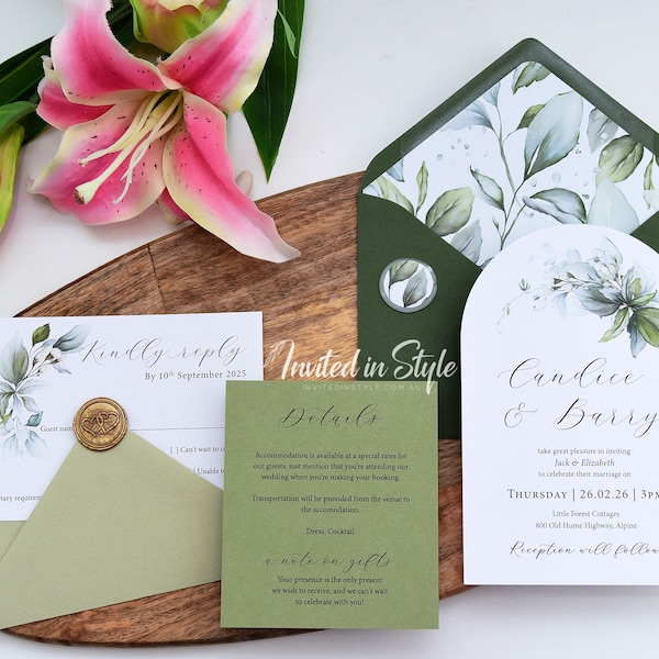 Arch Wedding Invitation - Greenery design with sage/light green/cotton white cards and envelopes - SAMPLE