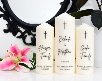 Unity/Church/Wedding Candles - set of 3 - Simple text with cross. Black and white, or request a print colour.