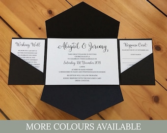 All-in-one Pocket Envelope Wedding Invitation, Black and white invite - Many colours available. SAMPLE