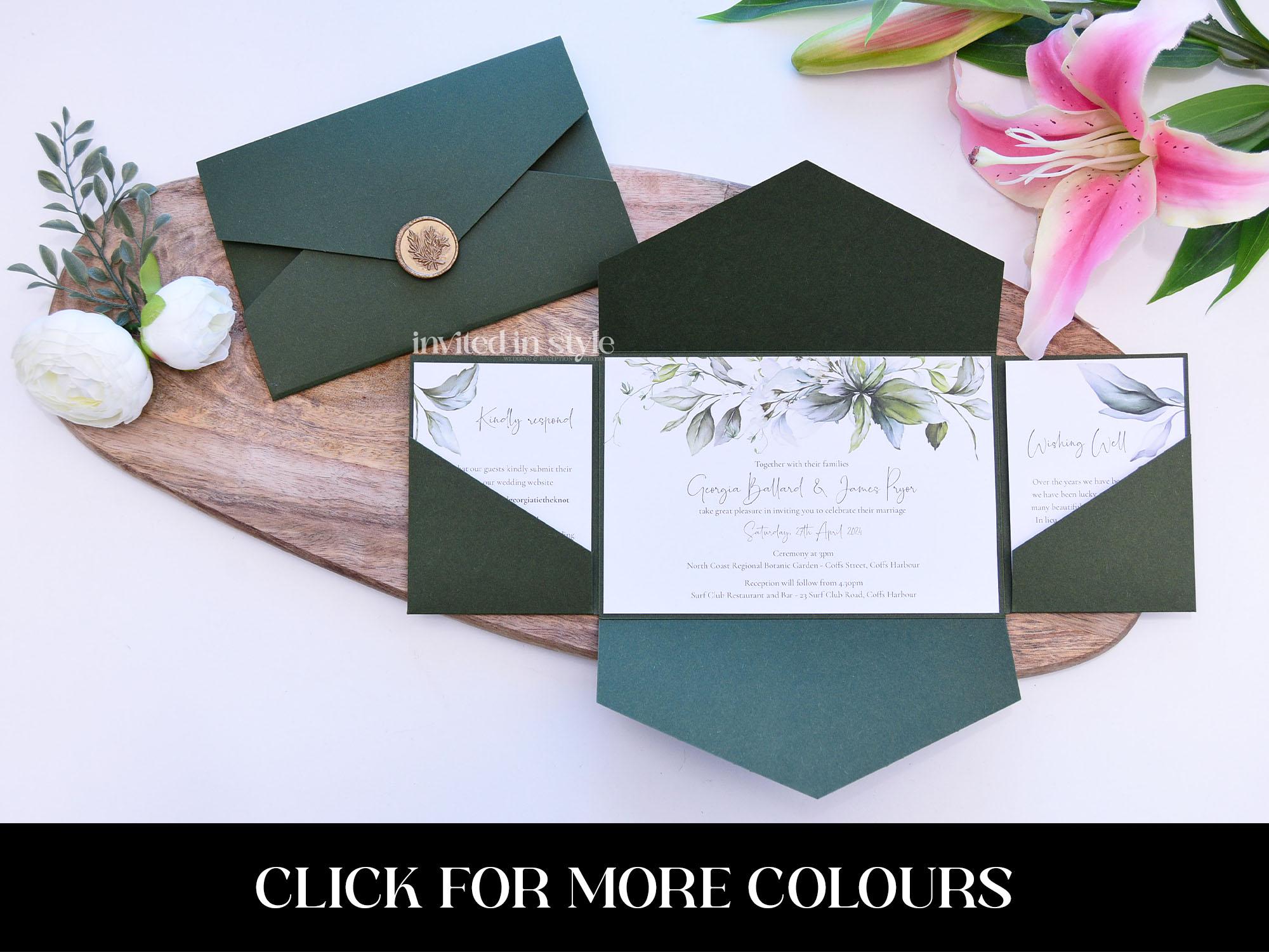 All-in-one Pocket Envelope Wedding Invitation - Forest/dark green pocket with greenery/floral SAMPLE - other colours available